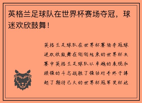 英格兰足球队在世界杯赛场夺冠，球迷欢欣鼓舞！